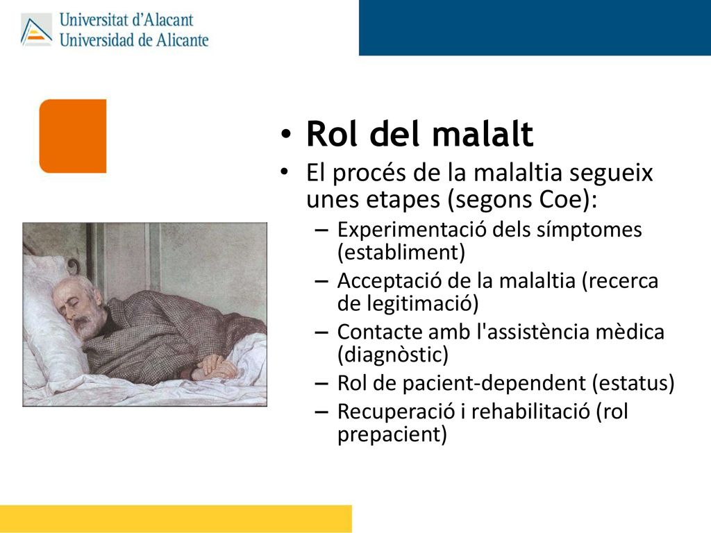 Rol del malalt El procés de la malaltia segueix unes etapes (segons Coe): Experimentació dels símptomes (establiment)