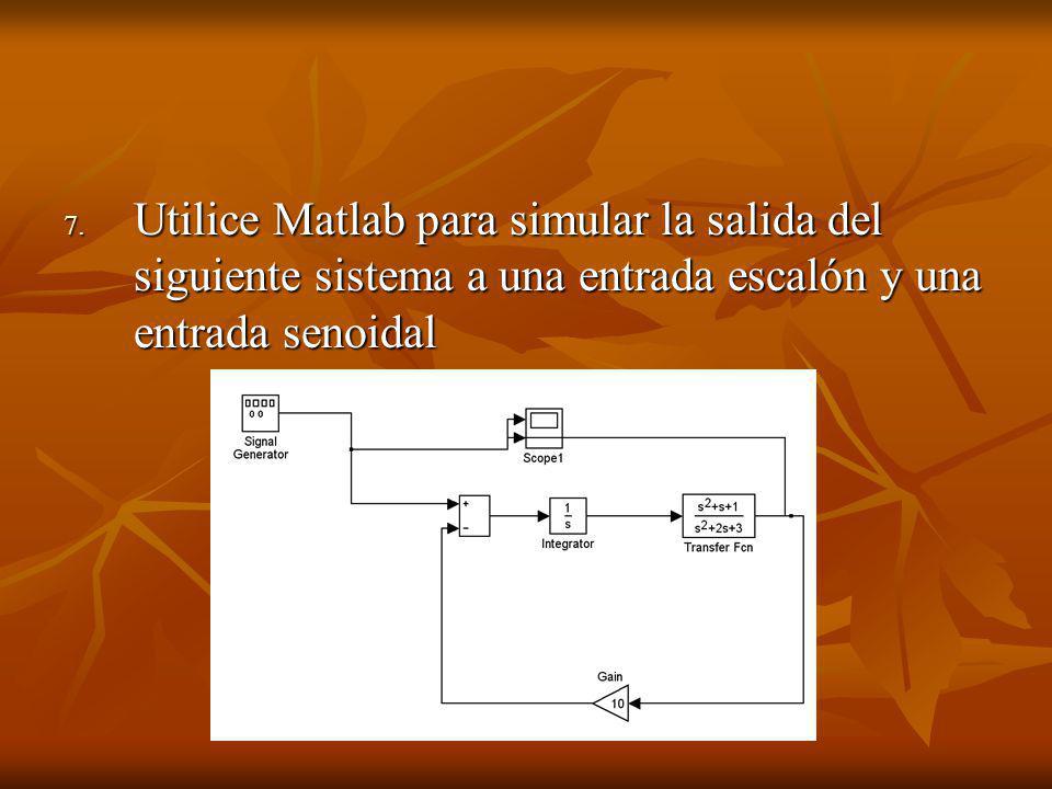 Utilice Matlab para simular la salida del siguiente sistema a una entrada escalón y una entrada senoidal