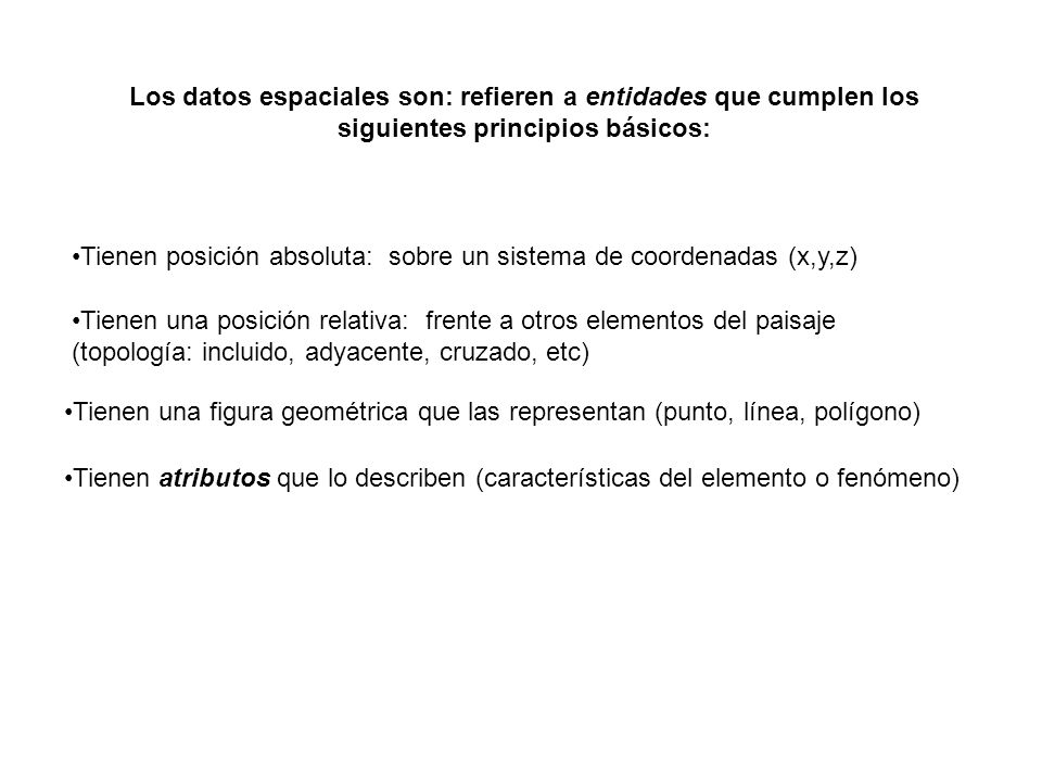 Los datos espaciales son: refieren a entidades que cumplen los siguientes principios básicos: