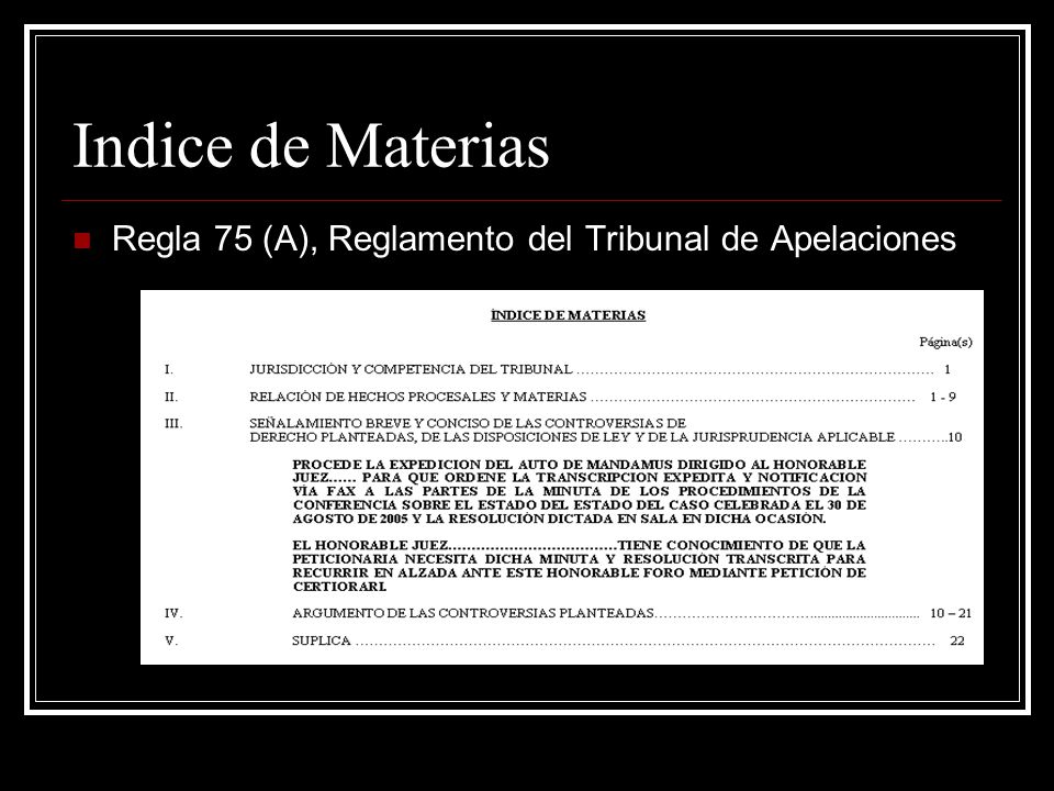 Indice de Materias Regla 75 (A), Reglamento del Tribunal de Apelaciones