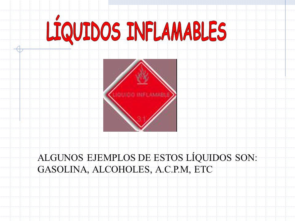 LÍQUIDOS INFLAMABLES ALGUNOS EJEMPLOS DE ESTOS LÍQUIDOS SON: GASOLINA, ALCOHOLES, A.C.P.M, ETC