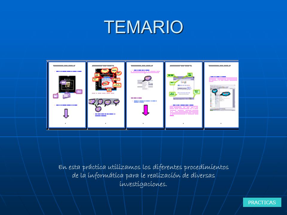 TEMARIO En esta práctica utilizamos los diferentes procedimientos de la informática para le realización de diversas investigaciones.