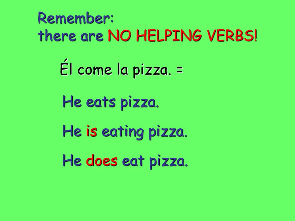Remember: there are NO HELPING VERBS. Él come la pizza.