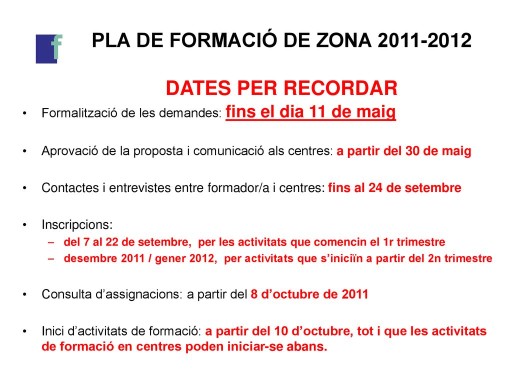 PLA DE FORMACIÓ DE ZONA DATES PER RECORDAR