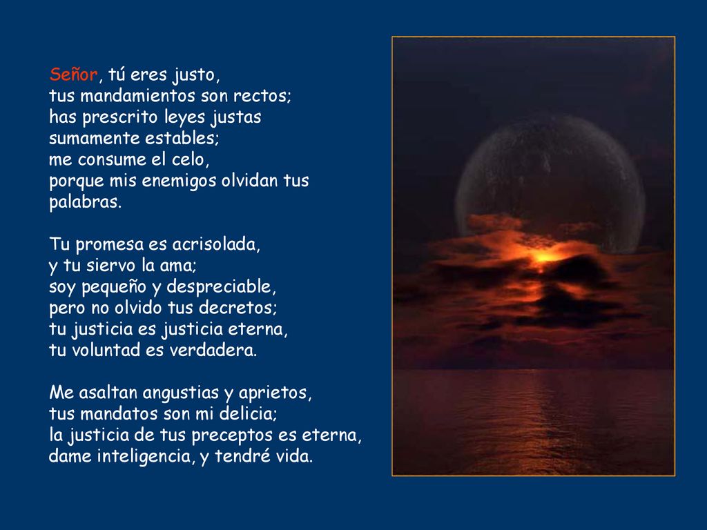 Señor, tú eres justo, tus mandamientos son rectos; has prescrito leyes justas sumamente estables; me consume el celo, porque mis enemigos olvidan tus palabras.