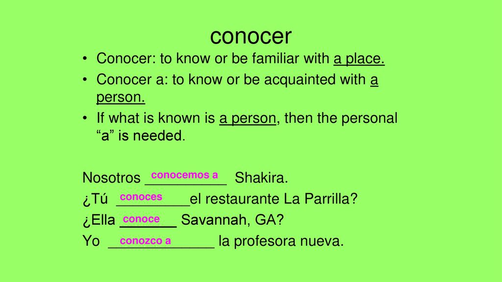 conocer Conocer: to know or be familiar with a place.
