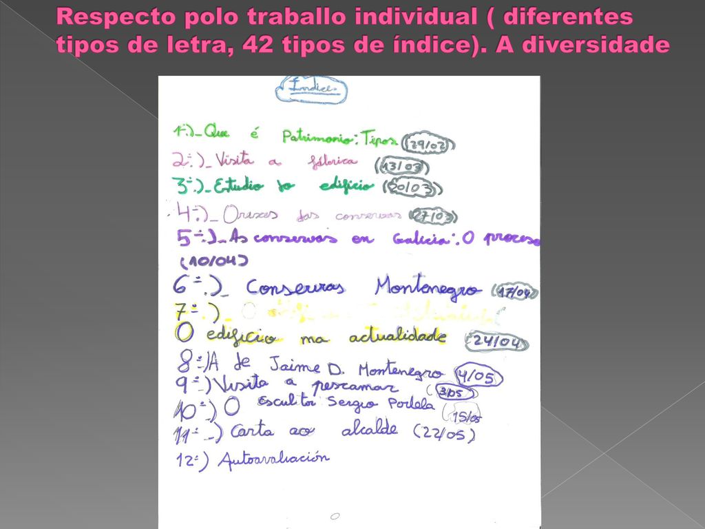 Respecto polo traballo individual ( diferentes tipos de letra, 42 tipos de índice). A diversidade