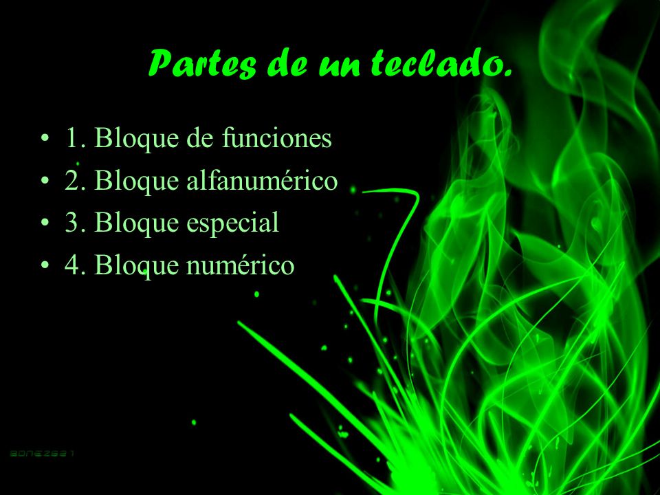 Partes de un teclado. 1. Bloque de funciones 2. Bloque alfanumérico