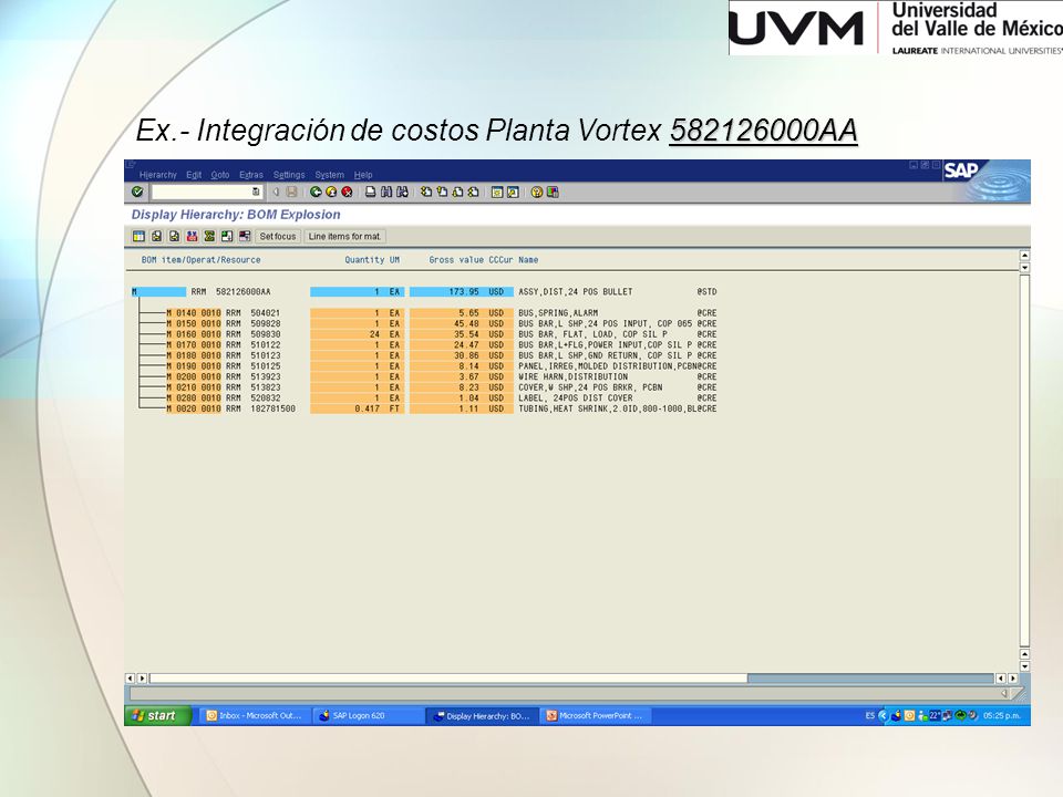 Ex.- Integración de costos Planta Vortex AA