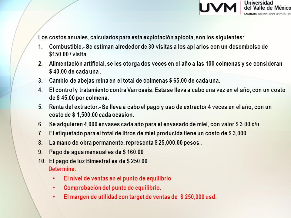 Los costos anuales, calculados para esta explotación apícola, son los siguientes: