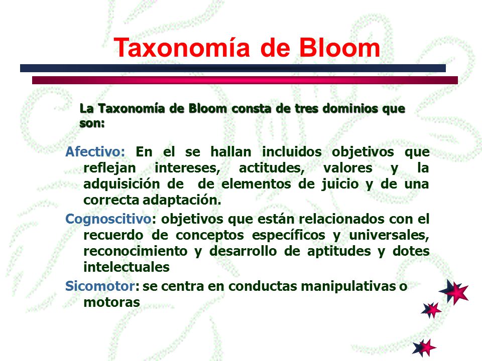 Taxonomía de Bloom La Taxonomía de Bloom consta de tres dominios que son: