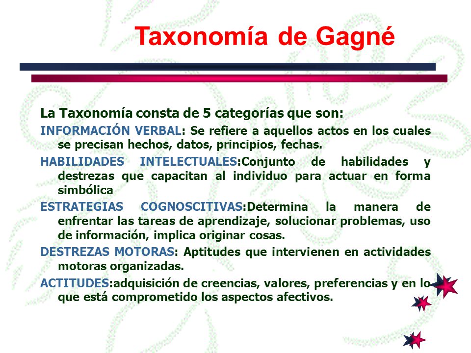 Taxonomía de Gagné La Taxonomía consta de 5 categorías que son:
