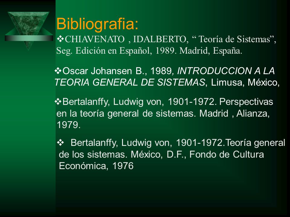 Bibliografia: CHIAVENATO , IDALBERTO, Teoría de Sistemas , Seg. Edición en Español, Madrid, España.