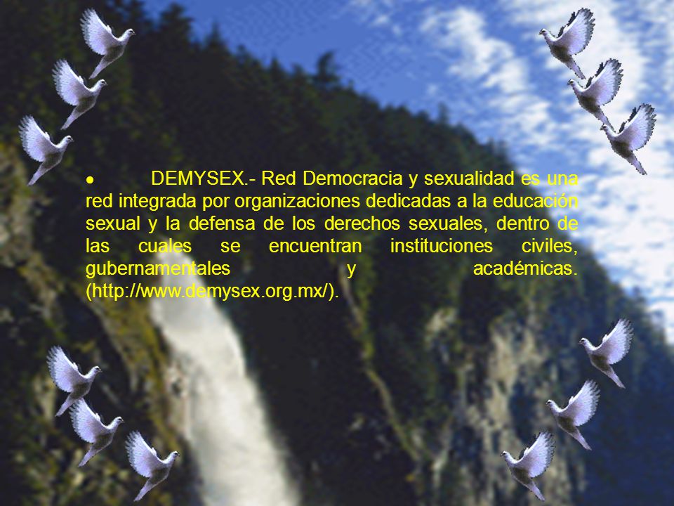 · DEMYSEX.- Red Democracia y sexualidad es una red integrada por organizaciones dedicadas a la educación sexual y la defensa de los derechos sexuales, dentro de las cuales se encuentran instituciones civiles, gubernamentales y académicas.