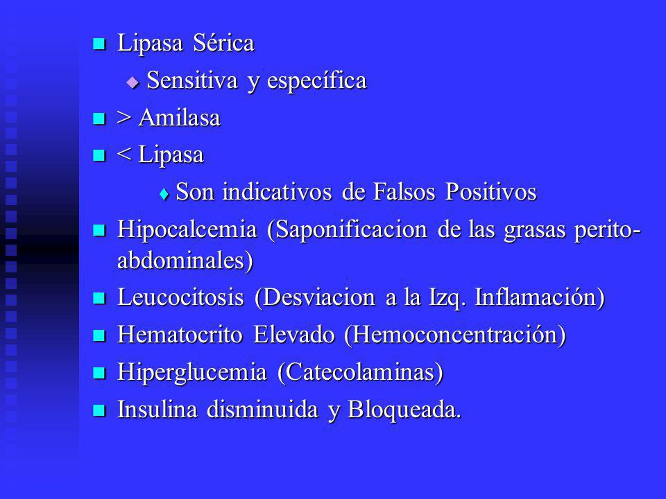 Lipasa Sérica Sensitiva y específica. > Amilasa. < Lipasa. Son indicativos de Falsos Positivos.