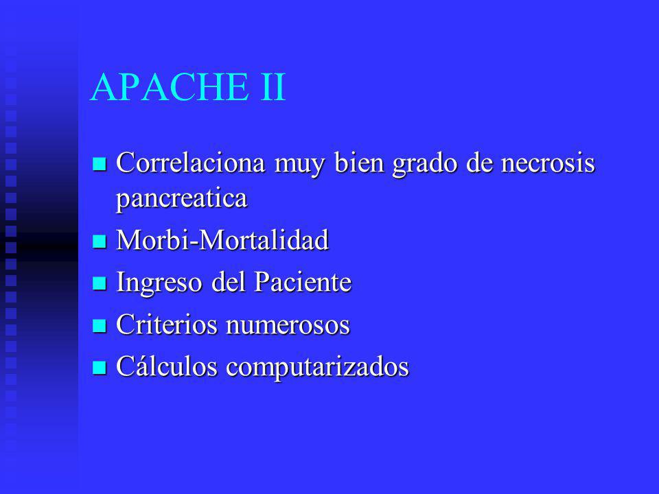 APACHE II Correlaciona muy bien grado de necrosis pancreatica