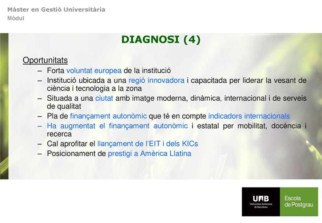 DIAGNOSI (4) Oportunitats Forta voluntat europea de la institució
