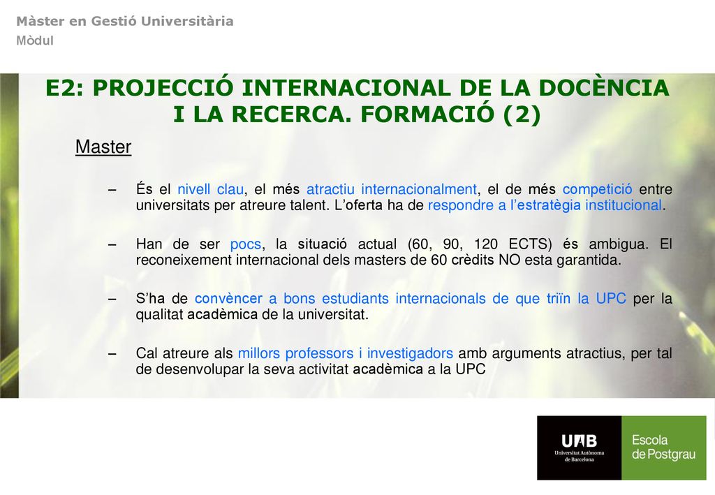 E2: PROJECCIÓ INTERNACIONAL DE LA DOCÈNCIA I LA RECERCA. FORMACIÓ (2)