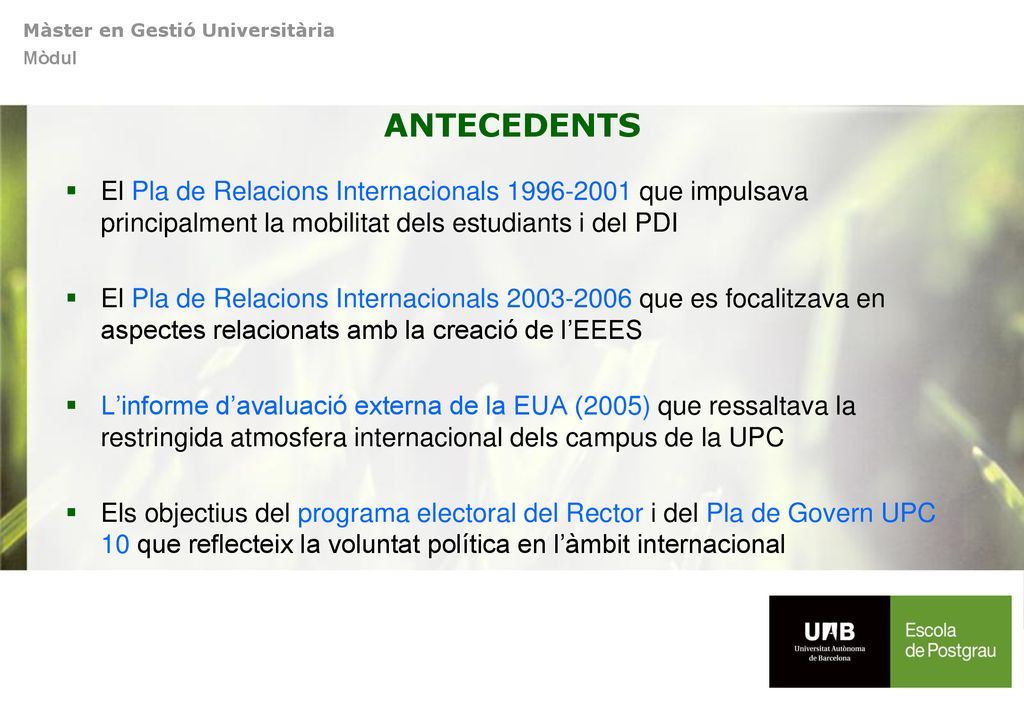ANTECEDENTS El Pla de Relacions Internacionals que impulsava principalment la mobilitat dels estudiants i del PDI.