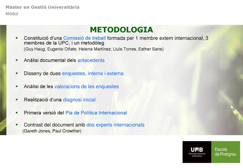METODOLOGIA Constitució d’una Comissió de treball formada per 1 membre extern internacional, 3 membres de la UPC, i un metodòleg.