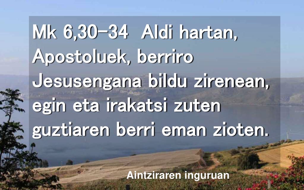 Mk 6,30-34 Aldi hartan, Apostoluek, berriro Jesusengana bildu zirenean, egin eta irakatsi zuten guztiaren berri eman zioten.