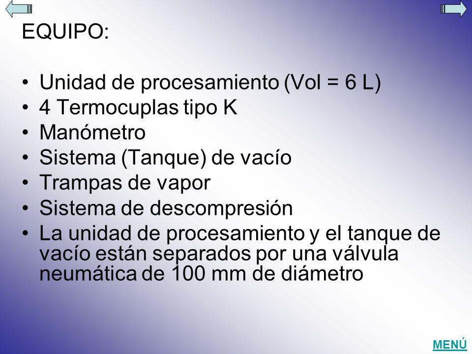 Unidad de procesamiento (Vol = 6 L) 4 Termocuplas tipo K Manómetro