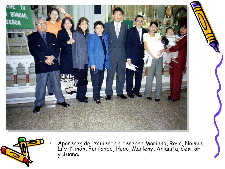 Aparecen de izquierda a derecha Mariano, Rosa, Norma, Lily, Ninón, Fernando, Hugo, Marleny, Arianita, Cesitar y Juana.