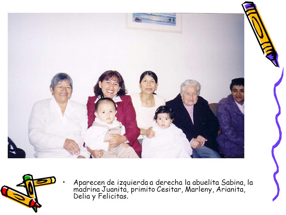 Aparecen de izquierda a derecha la abuelita Sabina, la madrina Juanita, primito Cesitar, Marleny, Arianita, Delia y Felicitas.
