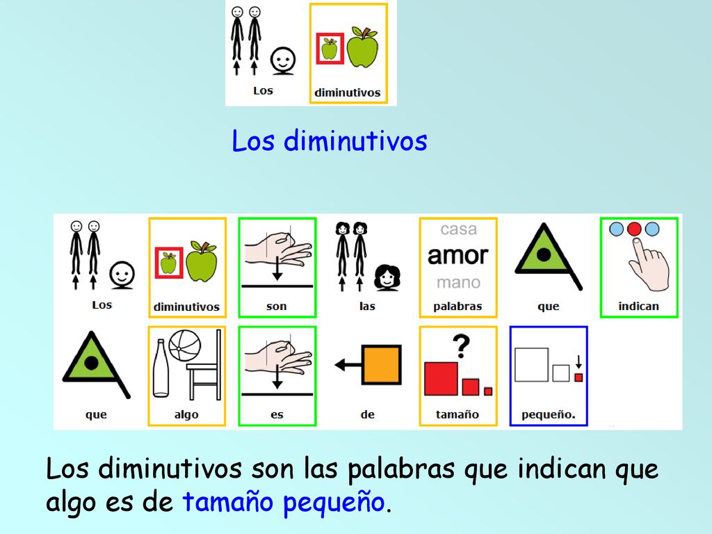 Los diminutivos Los diminutivos son las palabras que indican que algo es de tamaño pequeño.