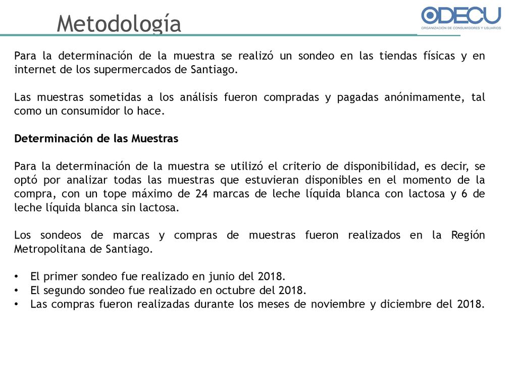 Metodología Para la determinación de la muestra se realizó un sondeo en las tiendas físicas y en internet de los supermercados de Santiago.
