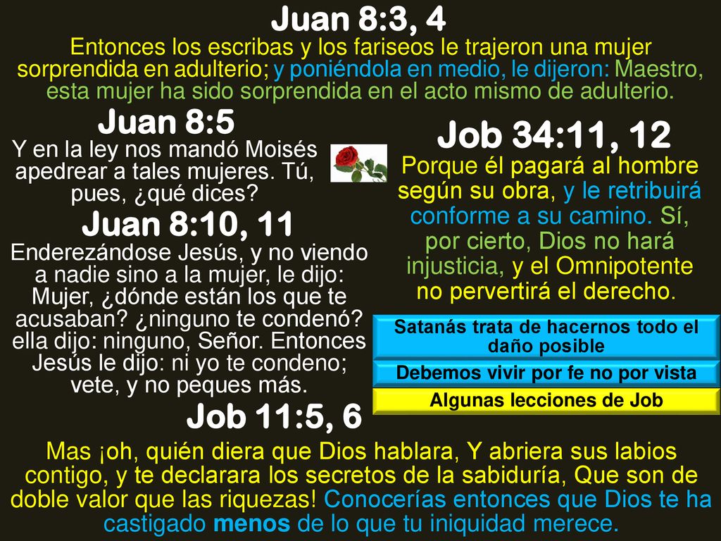 Job 34:11, 12 Juan 8:3, 4 Juan 8:5 Juan 8:10, 11 Job 11:5, 6