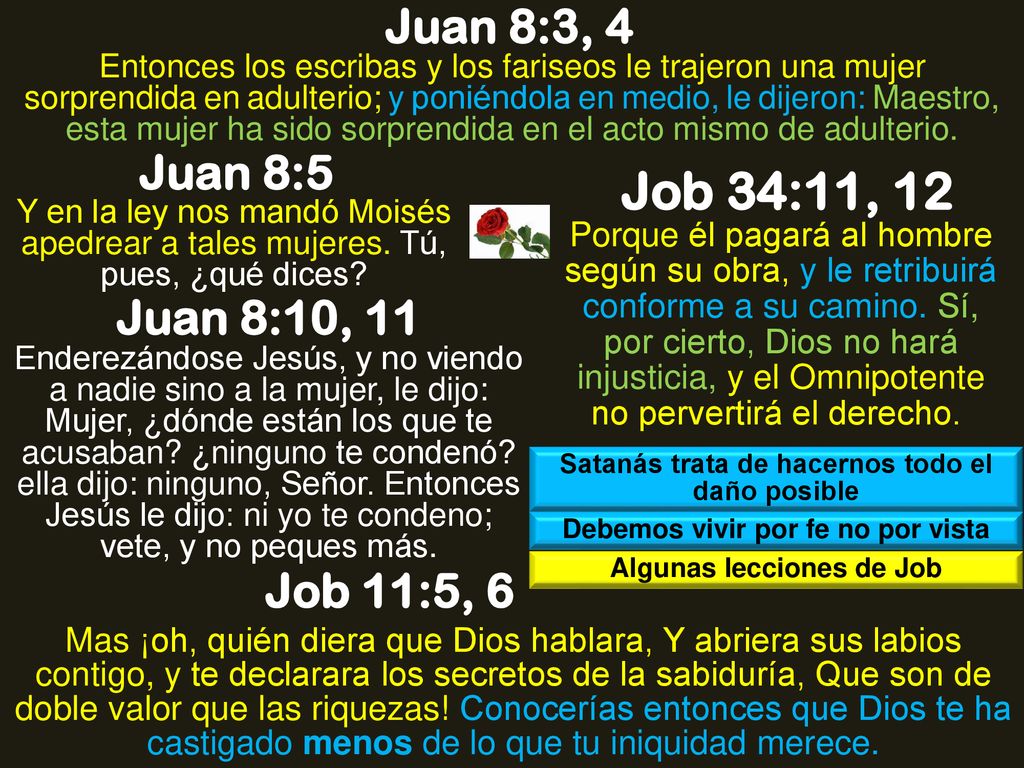 Job 34:11, 12 Juan 8:3, 4 Juan 8:5 Juan 8:10, 11 Job 11:5, 6