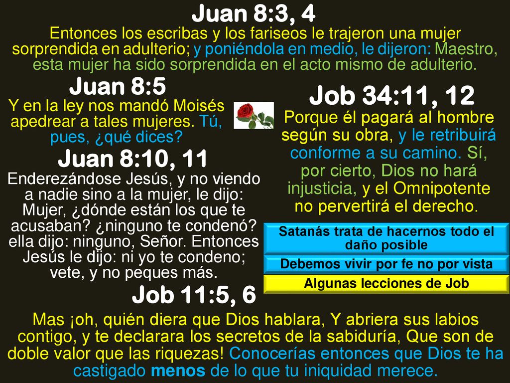 Job 34:11, 12 Juan 8:3, 4 Juan 8:5 Juan 8:10, 11 Job 11:5, 6