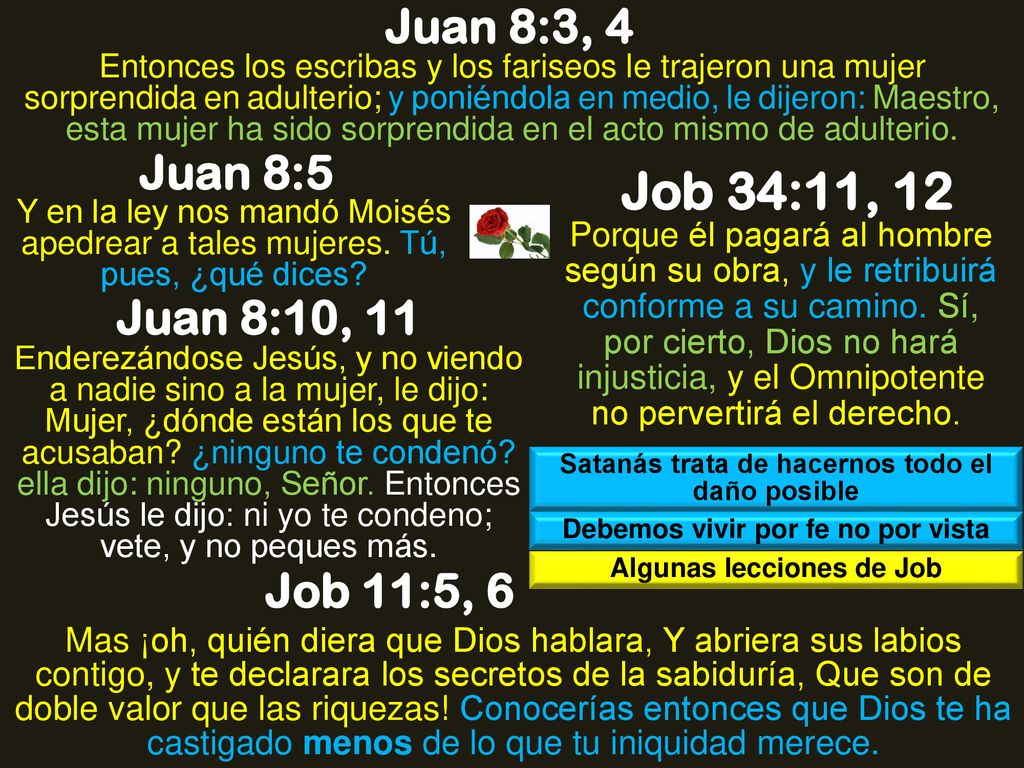 Job 34:11, 12 Juan 8:3, 4 Juan 8:5 Juan 8:10, 11 Job 11:5, 6