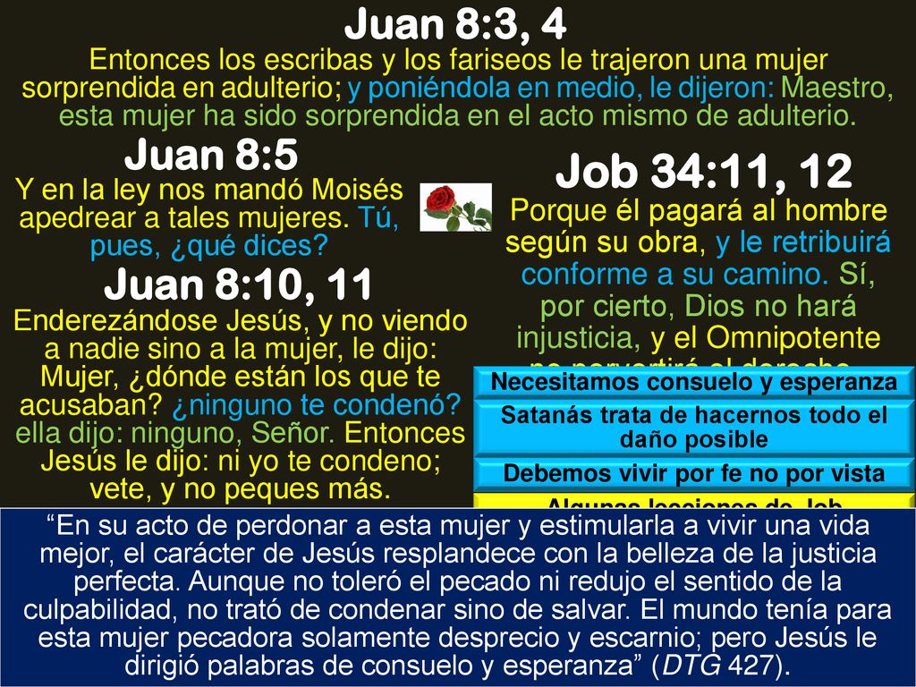 Job 34:11, 12 Juan 8:3, 4 Juan 8:5 Juan 8:10, 11 Job 11:5, 6