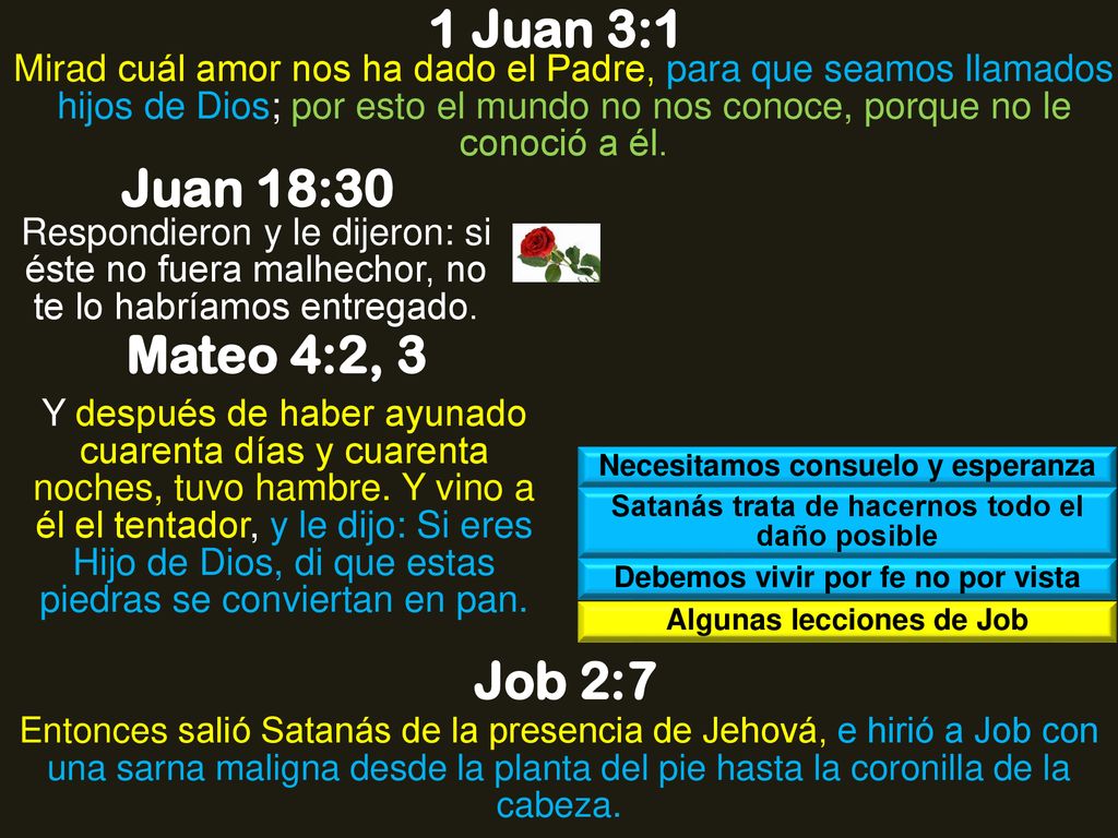 1 Juan 3:1 Juan 18:30 Mateo 4:2, 3 Job 2:7