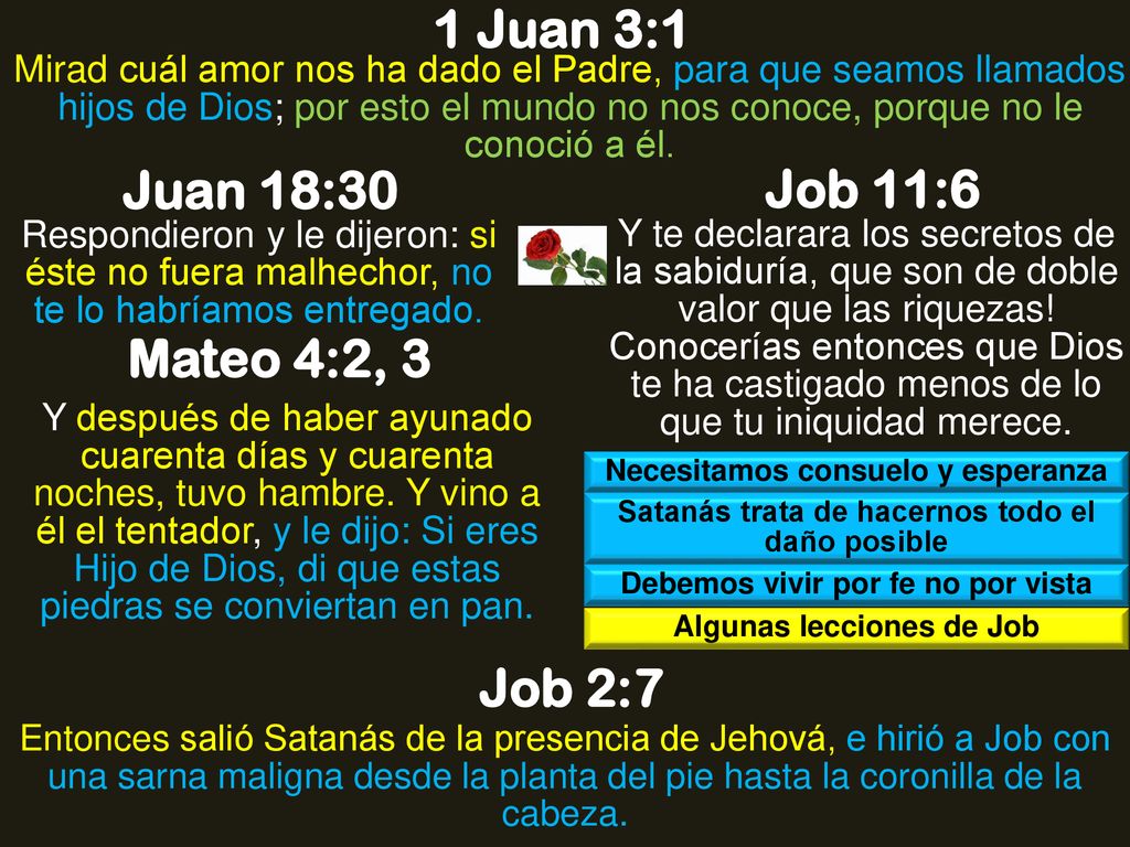 1 Juan 3:1 Juan 18:30 Job 11:6 Mateo 4:2, 3 Job 2:7