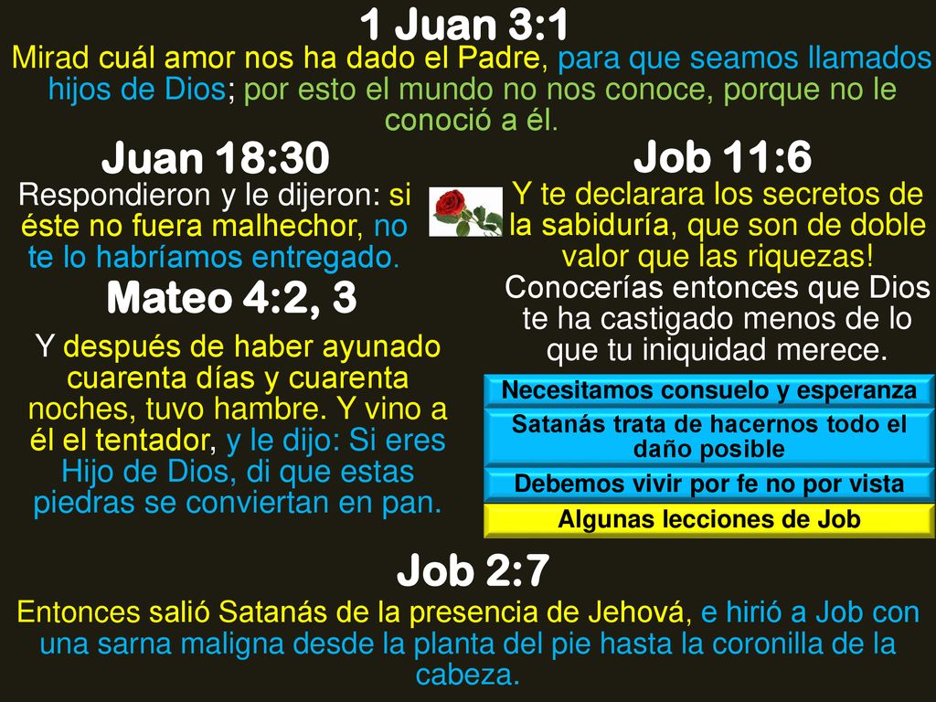 1 Juan 3:1 Juan 18:30 Job 11:6 Mateo 4:2, 3 Job 2:7
