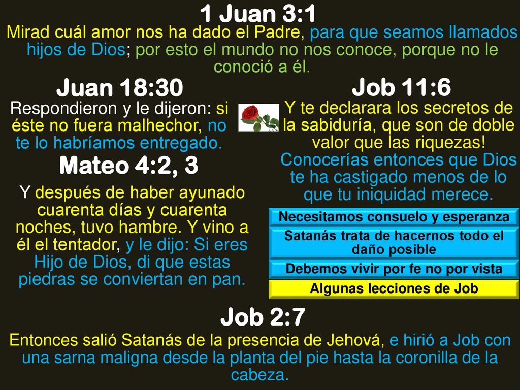 1 Juan 3:1 Juan 18:30 Job 11:6 Mateo 4:2, 3 Job 2:7