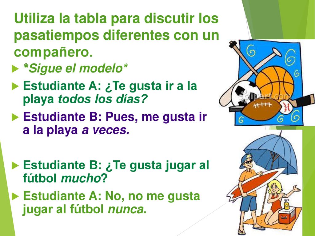Utiliza la tabla para discutir los pasatiempos diferentes con un compañero.