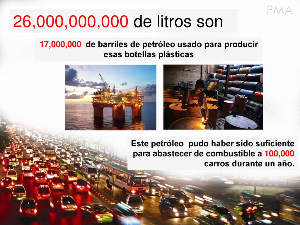 26,000,000,000 de litros son 17,000,000 de barriles de petróleo usado para producir esas botellas plásticas.