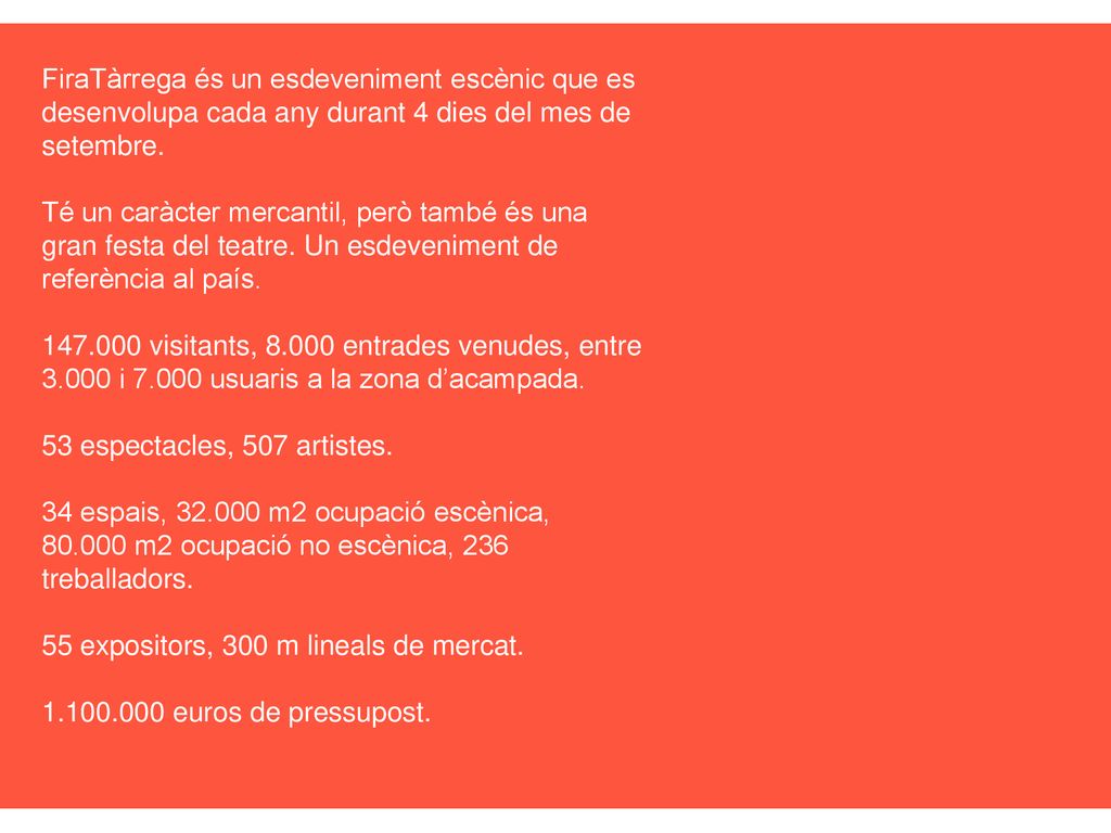 FiraTàrrega és un esdeveniment escènic que es desenvolupa cada any durant 4 dies del mes de setembre.