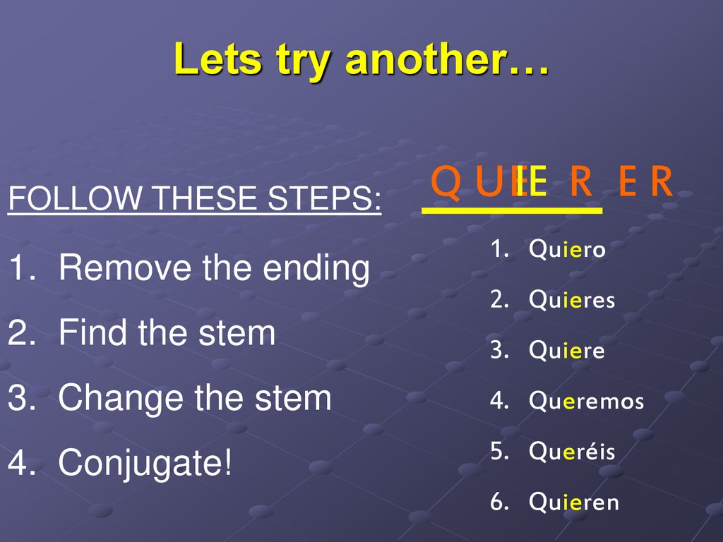 Q U E IE R E R Lets try another… Remove the ending Find the stem