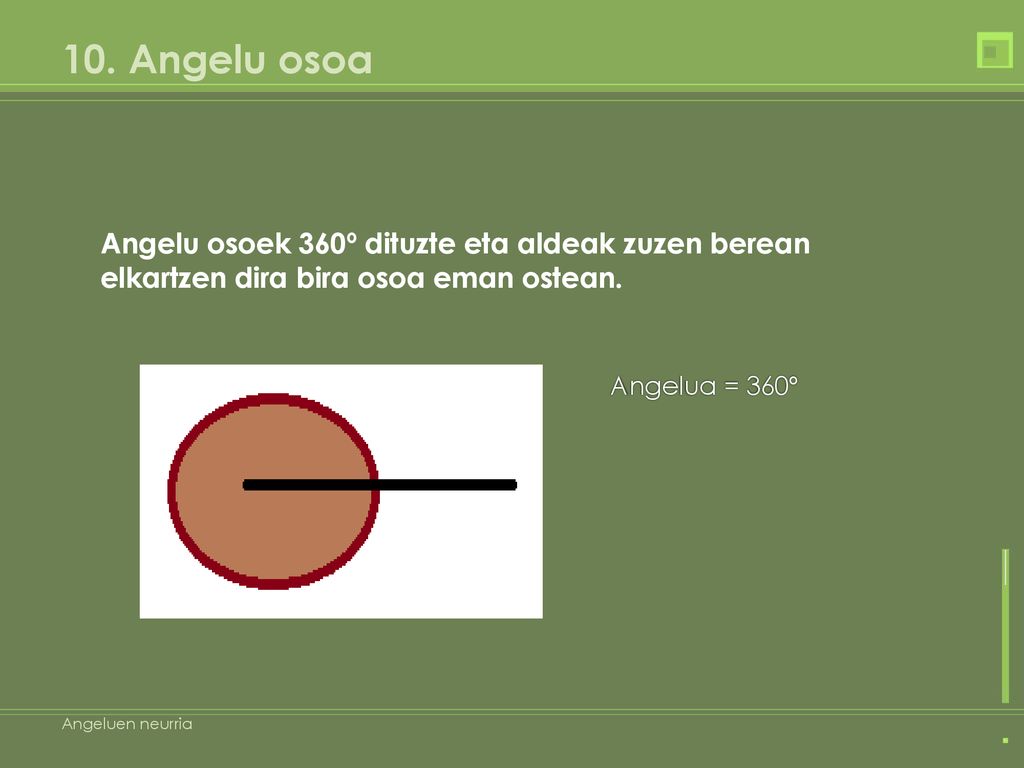 10. Angelu osoa Angelu osoek 360º dituzte eta aldeak zuzen berean elkartzen dira bira osoa eman ostean.