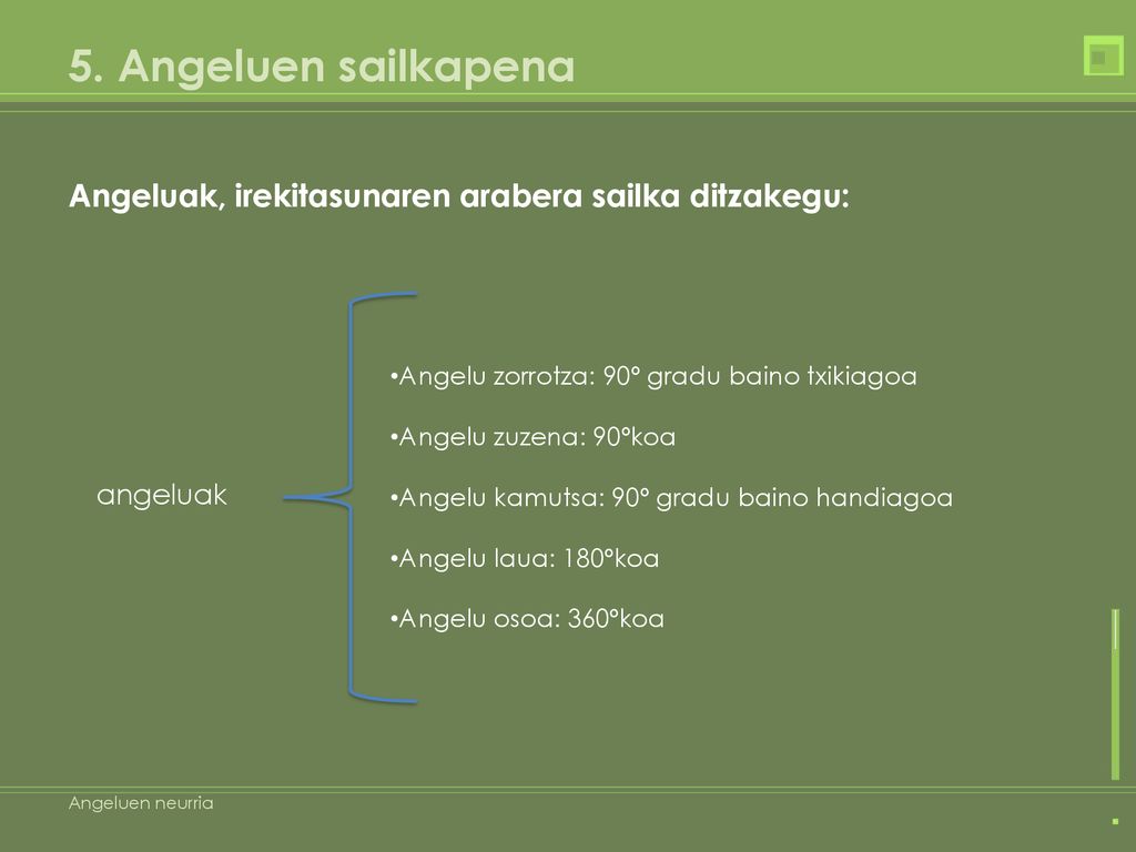 5. Angeluen sailkapena Angeluak, irekitasunaren arabera sailka ditzakegu: Angelu zorrotza: 90º gradu baino txikiagoa.