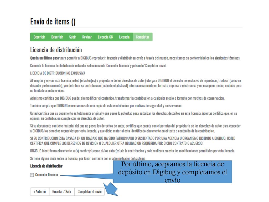 Por último, aceptamos la licencia de depósito en Digibug y completamos el envío