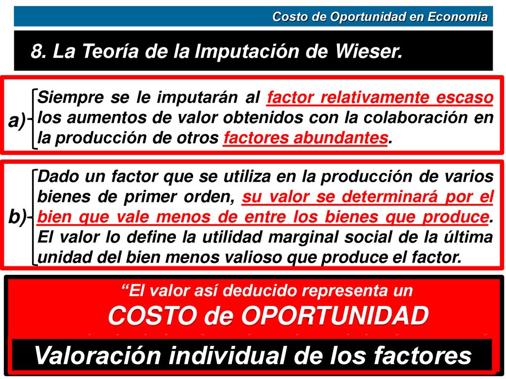 COSTO de OPORTUNIDAD Valoración individual de los factores