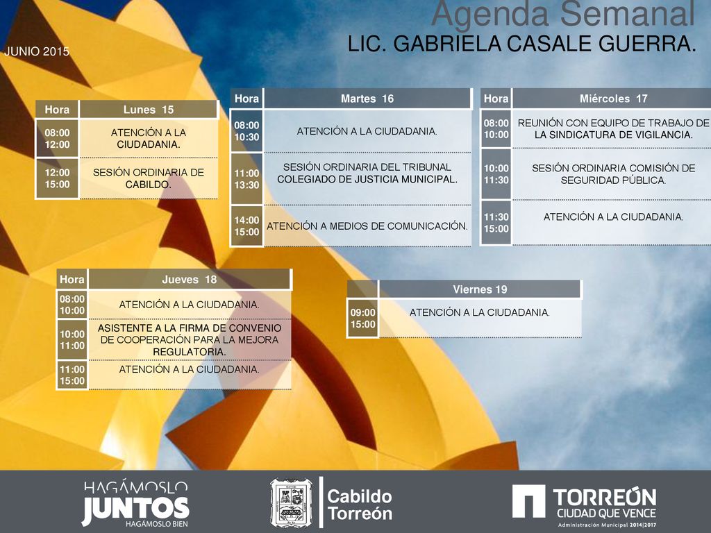 Agenda Semanal LIC. GABRIELA CASALE GUERRA. Cabildo Torreón JUNIO 2015
