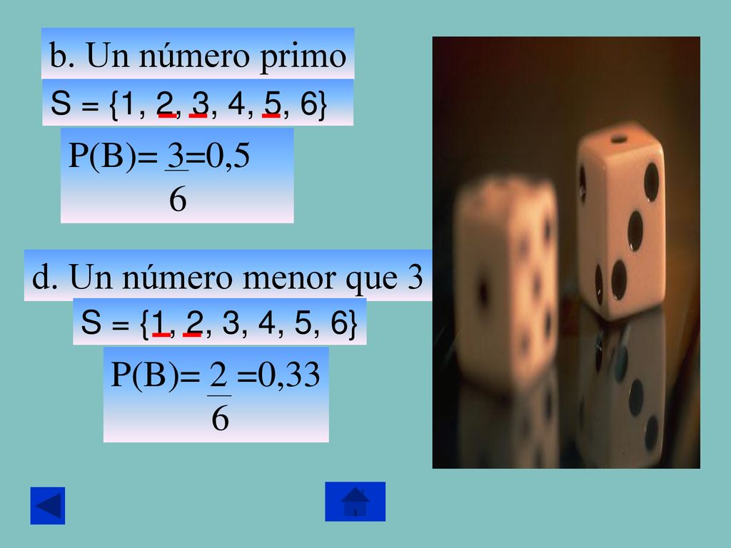 b. Un número primo P(B)= 3=0,5 6 d. Un número menor que 3