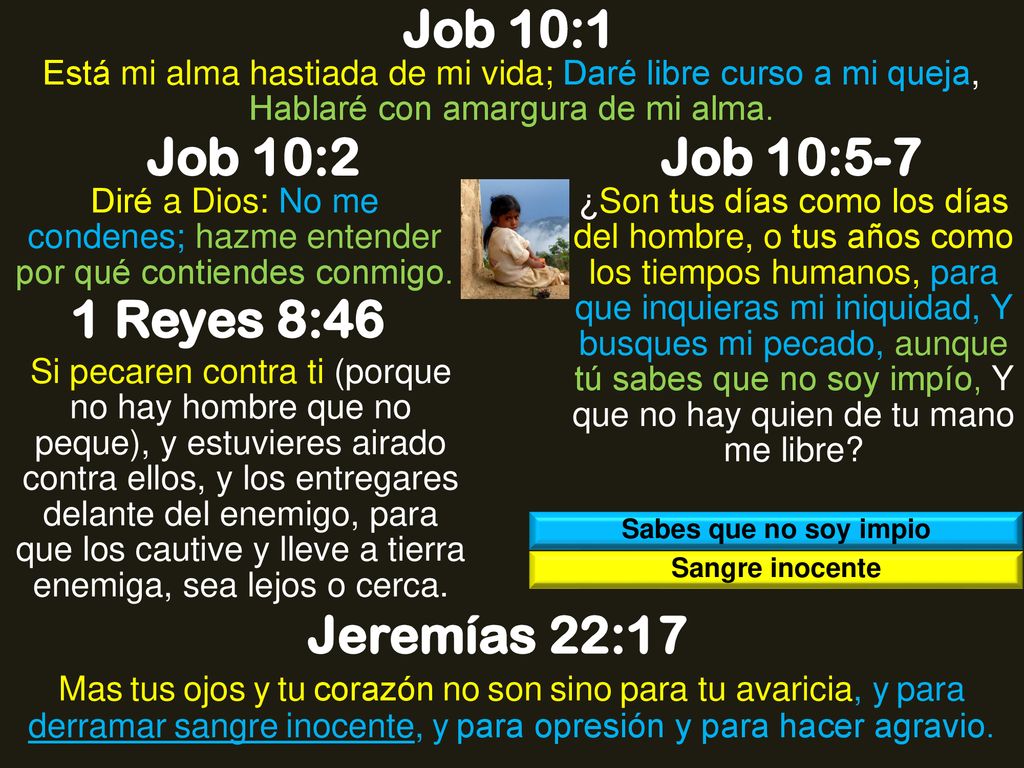 Job 10:1 Job 10:2 Job 10:5-7 1 Reyes 8:46 Jeremías 22:17